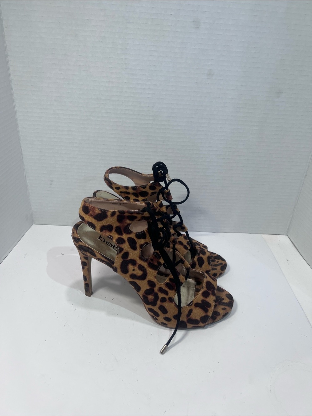 bebe Leopard Print Lace-Up Stiletto Sandals in Brown and Black